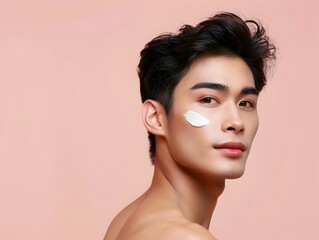 Naklejka premium Handsome Asian Male Model in Cosmetic Advertising Banner on Pink Studio Background