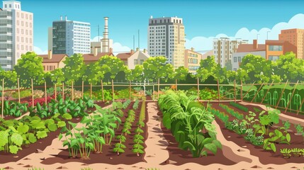 A city with a large green garden in the middle