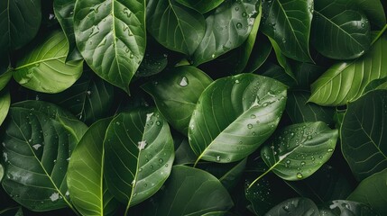 Close-up of lush green leaves with water droplets, creating a fresh, vibrant, and natural background perfect for various design projects.