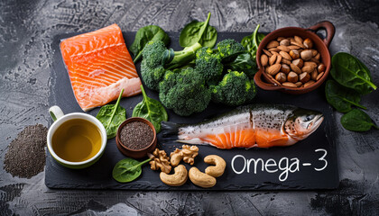 Assorted Foods Rich in Omega-3 arranged around a chalkboard sign reading "Omega-3" on a rustic textured background.