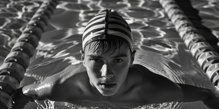 A person swimming in a pool while wearing a swim cap, great for fitness and health related content