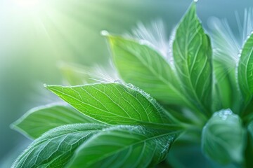 Obraz premium Close-up of fresh green leaves with morning dew, sunlight illuminating the vibrant foliage, highlighting nature's beauty and vitality.
