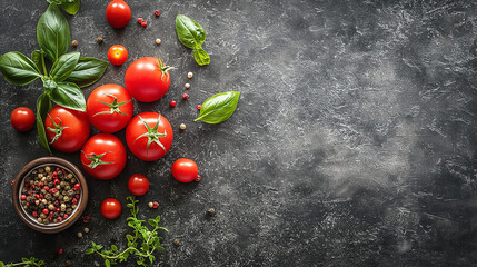 Fresh tomatoes with basil leaves and peppercorns on dark textured background. Copy space. Generative AI	