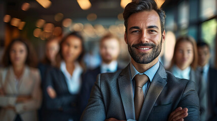 Leader of a corporate team, standing proudly with supportive colleagues