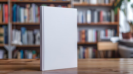 A blank book standing on a wooden table with bookshelves in the background, ideal for showcasing cover design ideas and marketing purposes.  mockup