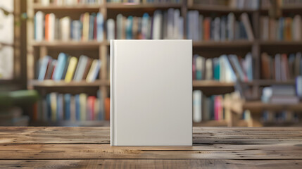 A blank book standing on a wooden table in front of a blurred bookshelf, perfect for cover design presentations and marketing materials.  mockup