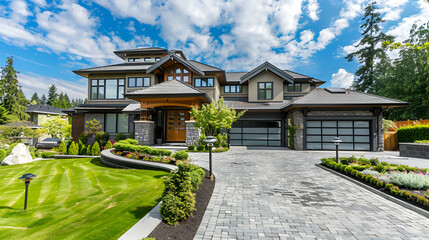 Luxury house exterior with brick and siding trim,Real Estate Exterior Front House on a sunny day. Big custom made luxury house with nicely landscaped front yard and driveway to garage in the suburbs
