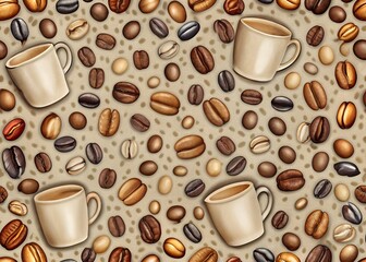 Obraz premium variety of coffee beans scattered around white coffee mugs on neutral background seamless tile pattern