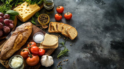 Rustic breakfast ingredients with bread, cheese, tomatoes, and herbs on a dark background. Copy space. Generative AI 