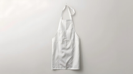 A white apron hanging against a light gray background, ideal for displaying branding and design concepts for culinary apparel. mockup