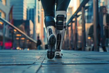 Fototapeta premium A person wearing knee pads walks down a sidewalk, possibly for athletic or protective purposes