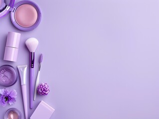 Lavender Toned Cosmetics Flat Lay on Minimalist Pastel Background