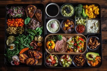 Fototapeta premium A tray of food placed on a table with various dishes, glasses, and utensils