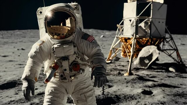 Astronaut on lunar surface near spacecraft, moon exploration mission