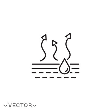 moisture evaporation process of coating icon, drying paint or varnish surface, steam or gas arrows, drop liquid on cloth, thin line symbol isolated on white background, editable stroke eps 10 vector
