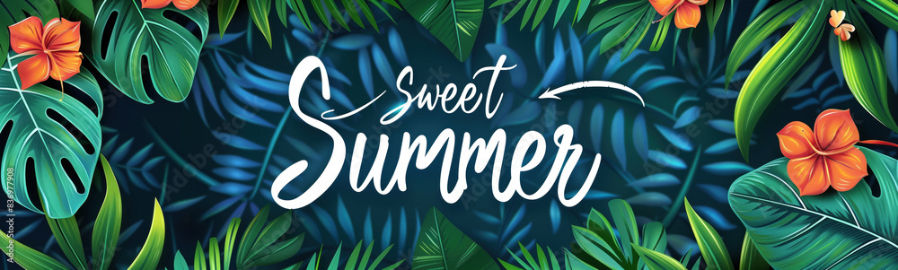 Wall mural Tropical Sweet Summer Background with Green Leaves. - Wall murals