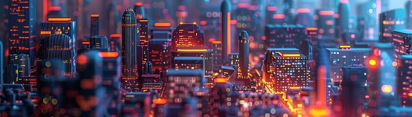 A vibrant, cyberpunk-inspired cityscape at night. Neon lights illuminate futuristic skyscrapers and street scenes with a colorful, energetic ambiance.
