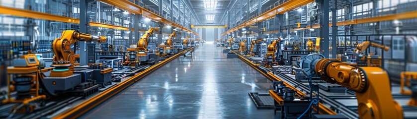 Fototapeta premium Automated robotic arms work on an assembly line in a modern factory, showcasing advanced manufacturing technology and industrial automation.