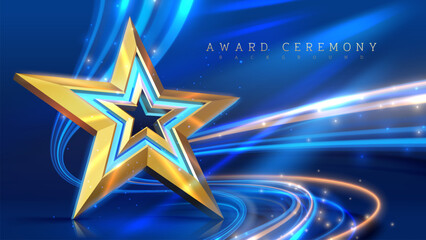 Golden star on a vibrant blue background with swirling lights, perfect for award ceremonies and celebratory events. Vector illustration.