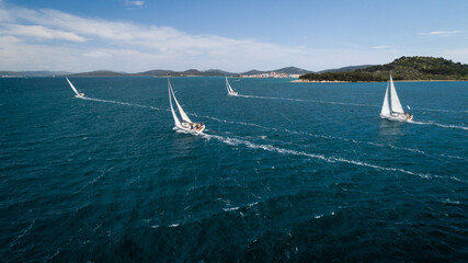 Aerial view of sailing yachts competition, Adriatic sea, Croatia