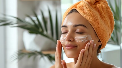 Young woman applying moisturizer to her face after showering.