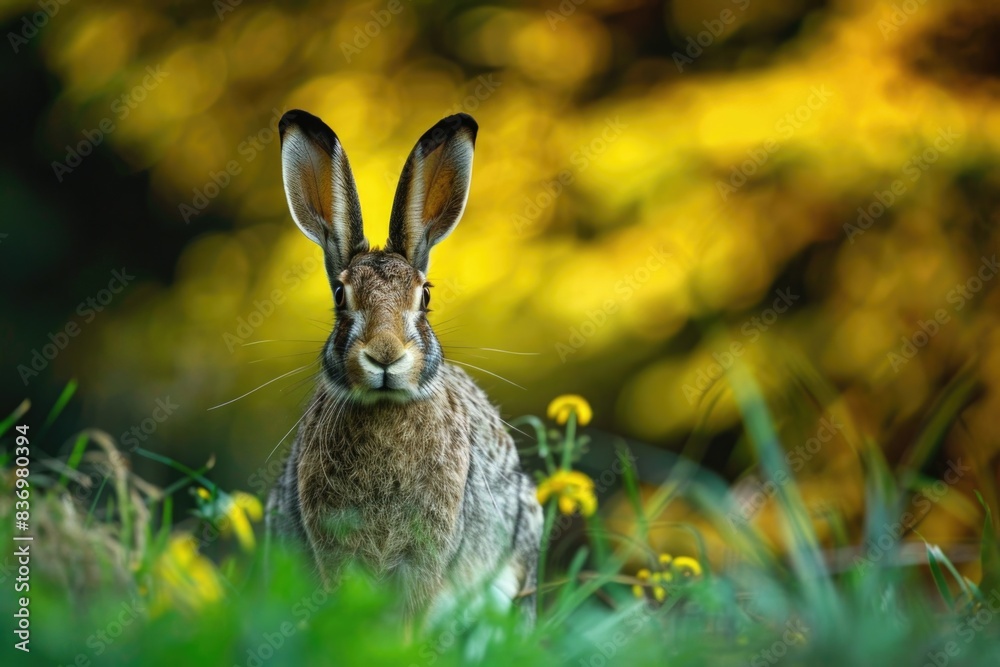 Wall mural a rabbit sits in a field of tall grass, offering a peaceful scene