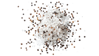 A pile of salt and peppercorns on a white background.