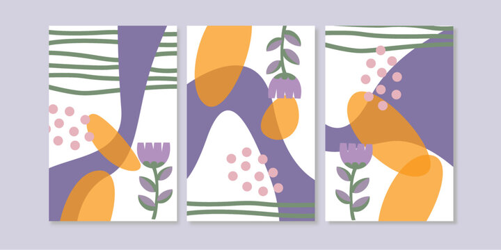 Hand drawn purple flowers and organic shapes wall art collections. Good for wallpaper, wall print, wall decoration.