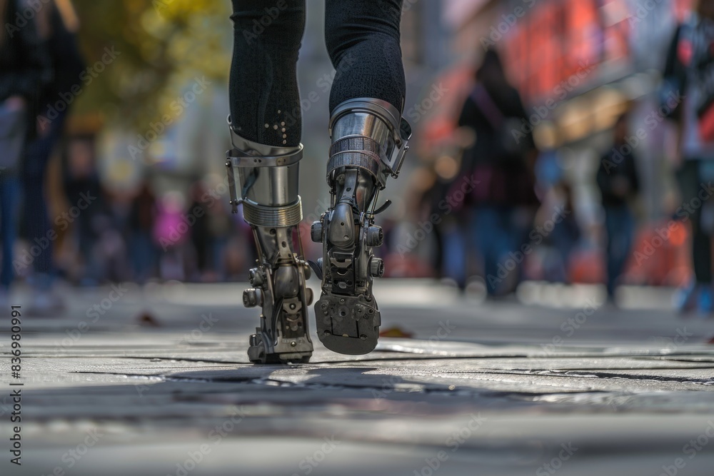 Wall mural A detailed view of a person's legs wearing rugged boots, suitable for outdoor or adventure-themed projects