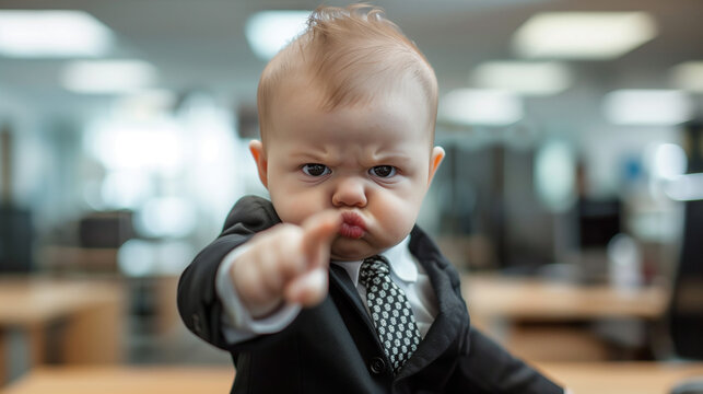 Determined baby in suit making a fist in office setting
