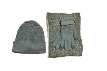 a gray knitted hat with gloves and a scarf on a white background, set of women's winter clothes, clothes on a white background