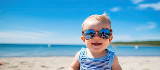 Toddler with sunglasses playing on a sunny beach, suitable for copy space image.