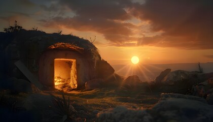 Tomb Empty With Shroud And Crucifixion At Sunrise Resurrection Of Jesus Christ
