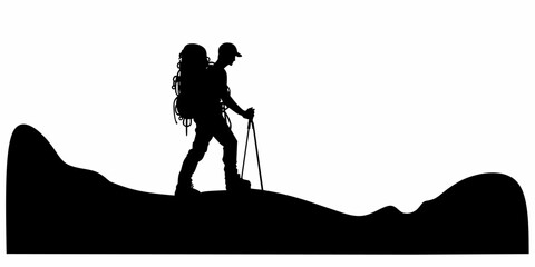 Silhouette traveling person. Climbing on mountain. Vector illustration hiking and climbing