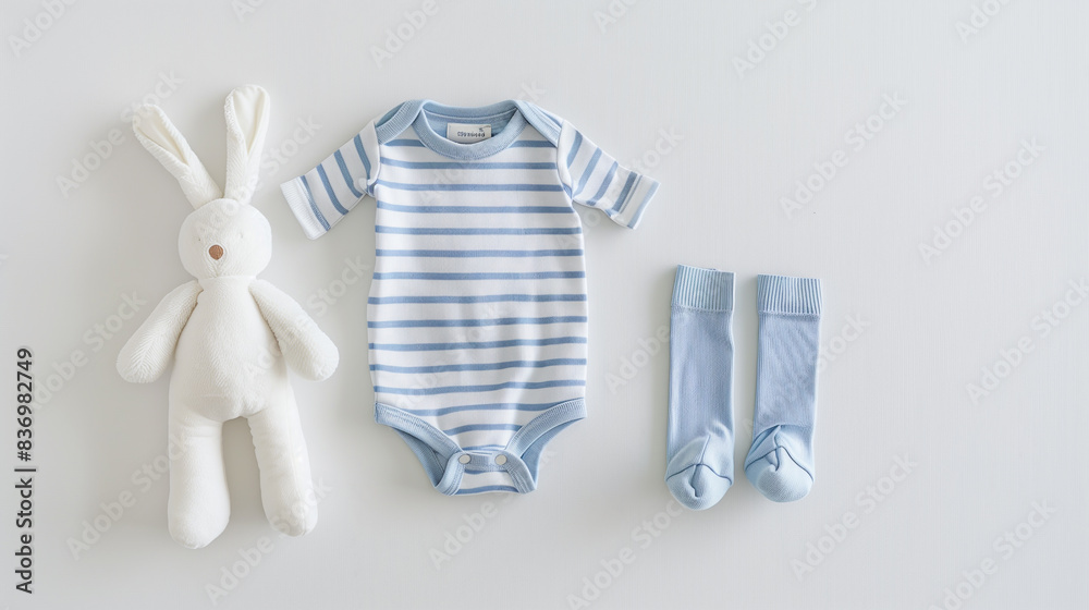 Wall mural Baby Blue and White Striped Onesie with Plush Toys on White Background