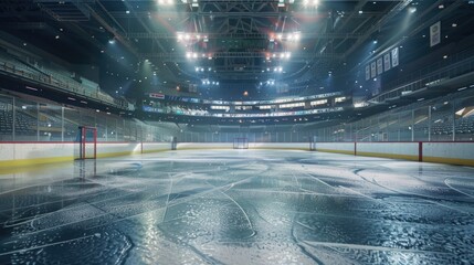 Hockey rink with no players or equipment, just the goal net and boards