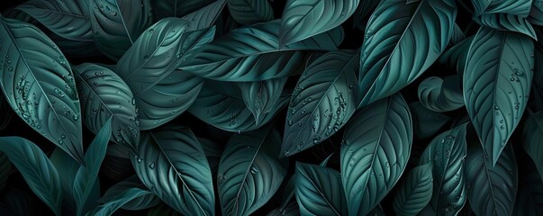 A vibrant pattern of dark green tropical leaves creating an intricate natural texture. Perfect for botanical-themed backgrounds and designs.