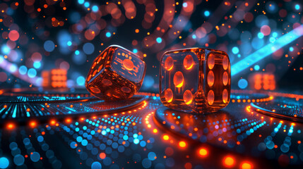 Two glowing dice on a table with a blue background. The dice are lit up and appear to be in a casino setting