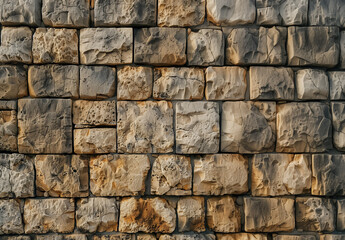 Obraz premium Stone wall of ancient castle or fortress with weathered and cracked bricks in close up view. 18th century historical rock stonewall background closeup view with warm tones