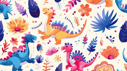 A still life image featuring various dinosaurs and plants on a white background
