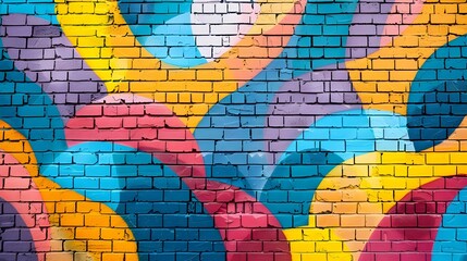 Colorful geometric patterns on a brick wall backdrop creating a vibrant and urban scene