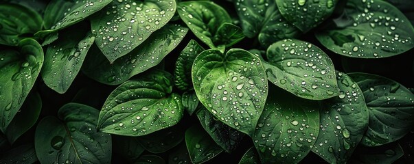 Fototapeta premium Close-up of vibrant green leaves with fresh morning dew droplets. Perfect for nature, plant, and freshness-themed designs.