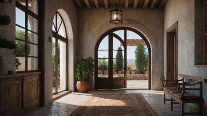 Mediterranean style hallway with arched door. Interior design of modern rustic entrance hall in farmhouse. Created with generative AI