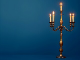 Ornate Antique Brass Candelabra with Flickering Flames on Deep Blue Background