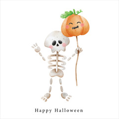 cute skull skeleton with pumpkin ghost balloon , illustration Halloween horror element clipart