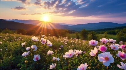 Fototapeta premium Beautiful summer natural landscape with blooming field of roses in the grass in the mountains. sunset