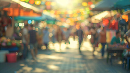 Blurred background of people shopping at market in sunny day