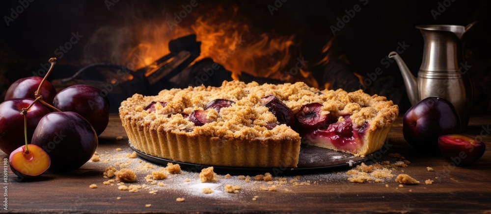 Aufkleber Homemade plum crumble pie displayed on a table with copy space image.
