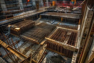 Fototapeta premium A construction site with many steel bars and building materials, suitable for use in architecture or engineering projects