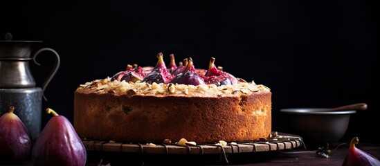 Plum and hazelnut cake over wire rack.